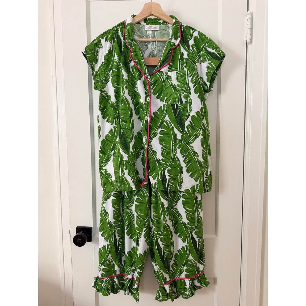 Jayes Studio Banana Leaf Pajama Set Ruffle Hem Cotton Sz Small: Cozy, Botanical